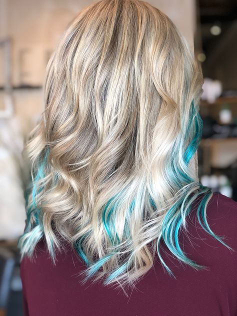 Blonde And Turquoise Hair Highlights, Colored Streaks In Blonde Hair, Teal Money Piece Hair, Cool Blonde Highlights, Ocean Hair, Weft Extensions, Icy Blonde Hair, Peekaboo Hair, Bronde Hair