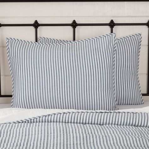 August Grove Surikova Farmhouse Striped Sham & Reviews | Wayfair Bedding Makeover, Bedding Walmart, Floor Bedding, Bedding Quotes, Sets Videos, Ticking Stripe Bedding, Diy Favors, Basement Room, Stripe Bedding