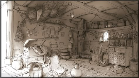 Stylized Room Concept Art, Bar Concept Art, Market Drawing, Animation Layout, Interior Concept Art, Value Painting, Color Script, Light Study, Cardboard House