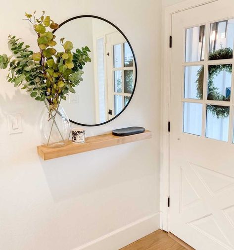 Entrance Hall Mirror And Shelf, Round Mirror With Floating Shelf, Round Mirror Floating Shelf, Entry Wall Shelf, Entrance Shelf Decor, Mirror Floating Shelf, Entryway Floating Shelf, Floating Shelf Entryway, Entryway Stairs Decor