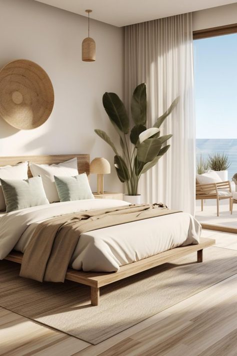 30 Coastal Bedroom Decor Ideas for an Ocean-Inspired Sanctuary Beach House Modern Interior, Tulum Aesthetic Interior, Coastal Calm Bedroom, Luxury Hotel Room Bedroom Suites Interior Design, Boho Modern Bedroom Inspiration, Hotel Look Bedroom, Coastal Master Bed, Industrial Beach House, Modern Tropical Bedroom