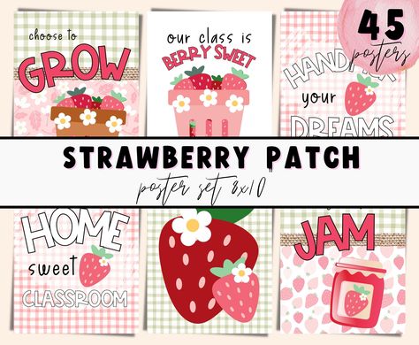 Sweet Strawberry patch affirmation and decor posters. Specially curated to infuse your learning space with creativity, inspiration, and a touch of whimsy. Just print, laminate (optional) and attach to your bulletin to create a BERRY fun learning space for teachers and students to enjoy! What's Included? 8.5x11 PDF - 8x10" prints -40 designs  Your file will be available instantly in your Etsy profile.  We recommend you save to your PC for future use.  Printing: 1. Download your files. 2. Upload to online printer for pickup or delivery. (print at home on matte cardstock highest quality actual size). HELP: Please send us a message with any questions or to request adjustments. Thank you for your purchase. TERMS OF USE: You can download and print the files as often as you like for classroom/per Strawberry Bulletin Board Ideas, Strawberry Classroom Door, Strawberry Classroom Theme, Strawberry Bulletin Board, Easy Classroom Decor, Strawberry Printable, Mindset Poster, Bulletin Boards Theme, Strawberry Decor