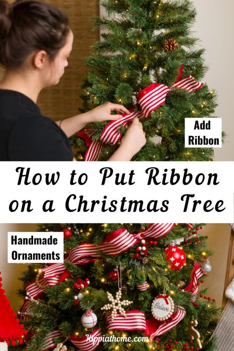 Christmas Tree With Ribbon, Tree With Ribbon, Christmas Tree Decorations Ribbon, Decorating A Christmas Tree, Decorate A Christmas Tree, Christmas Tree Topper Bow, Christmas Tree Decorating Themes, Christmas Tree Bows, Pencil Christmas Tree