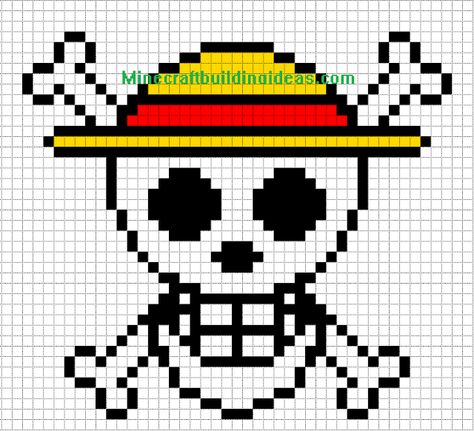 Minecraft Pixel Art Templates: Straw Hat Luffy Crochet Straw Hat One Piece, Straw Hat Pixel Art, Terraria Pixel Art Templates, Pixel Art In Minecraft, Pixel Art Templates Anime, Pixel Art Anime Easy, Skull Minecraft, One Piece Minecraft, Minecraft One Piece