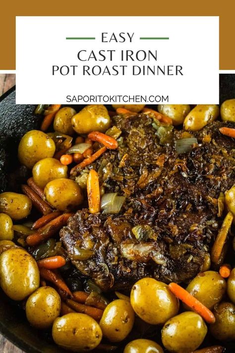 This easy Sunday pot roast dinner is cooked in a cast iron skillet with potatoes and carrots to make a one skillet meal that's perfect for Sunday family dinner. #castironpotroast #easypotroast #castironcooking Chuck Roast Recipe Oven, Pot Roast Dinner, Sunday Pot Roast, Cast Iron Skillet Recipes Dinner, Dutch Oven Pot Roast, Roast Dinner Recipes, Oven Pot Roast, Cast Iron Skillet Cooking, Easy Pot Roast