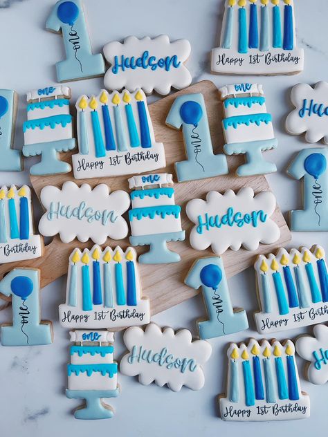 One Cookies 1st Birthdays, 1st Birthday Cookies Boy, First Birthday Cookies Boy, Corporate Anniversary, First Birthday Cookies, Cookie Sticks, Baby Boy First Birthday, Fondant Cookies, Baby Boy 1st Birthday