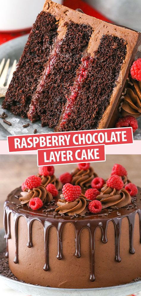 Cupcakes Recipes, Chocolate Raspberry Cake, Chocolate Cake Recipe Easy, Ganache Recipe, Raspberry Chocolate, Chocolate Layer Cake, Raspberry Filling, Raspberry Cake, Dessert Cake Recipes