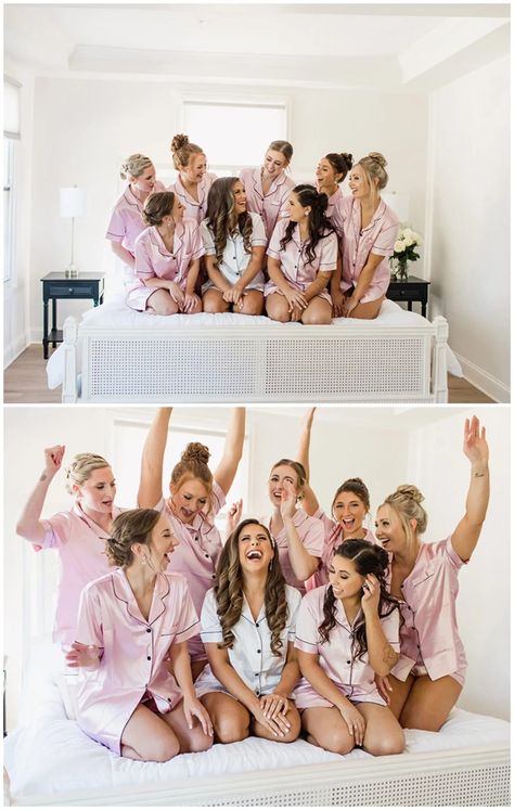 bridesmaids getting ready in matching pink silk pajamas Silk Pajamas For Bridesmaids, Bridesmaid Silk Pajama Set, Matching Bridal Party Pajamas, Pink Bridesmaid Pajamas, Bridesmaid Matching Pajamas, Bridesmaid Pajama Pictures, Bridesmaid Preparation Outfit, Unique Getting Ready Outfits Bridesmaids, Bridesmaid Prep