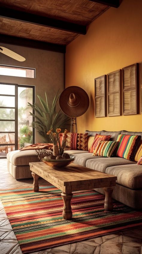 6 Tips to Nail the Modern Mexican Interior Design Look! Mexican Houses Interior, Modern Mexican Interior, Modern Mexican Living Room, Mexican Living Room, Style Hacienda, Modern Mexican Home Decor, Southwestern Living Room, Hacienda Decor, Modern Mexican Home