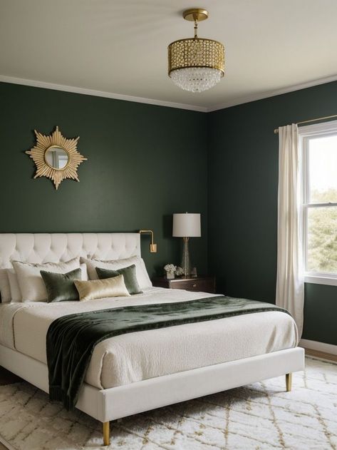 Hunter Green Accent Wall, Emerald Accent Wall, Emerald Green Bedrooms, Green And White Bedroom, Dark Green Rooms, Green Accent Wall, Green Bedroom Walls, Green Bedroom Decor, Green Accent Walls