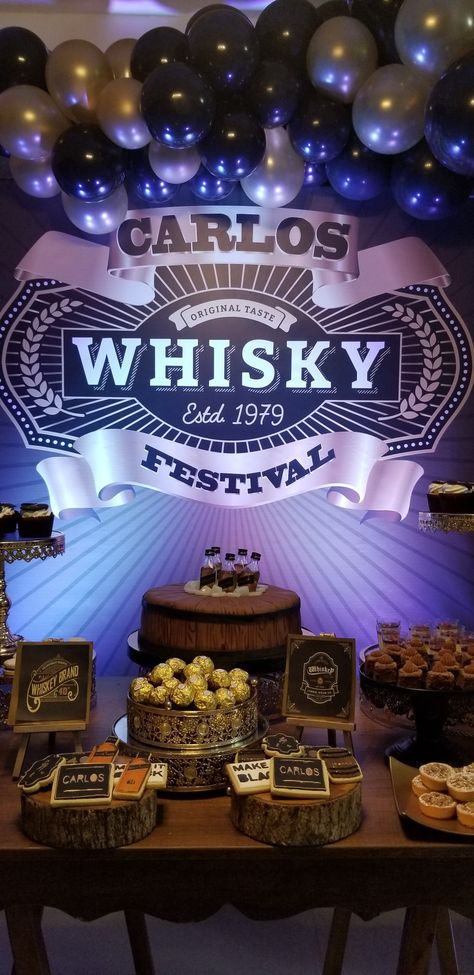 55 Year Old Man Birthday Party Ideas, Whiskey Party Ideas Decor, Theme Party Ideas For Adults Men, Whisky Themed Party, Whisky Party Decorations, Whisky And Cigars Birthday, Whisky Birthday Party Ideas, Whiskey And Cigars Birthday Theme, Whisky Themed Birthday Party