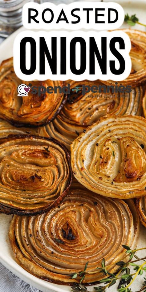 It won't take long to have a pan of roasted onions ready and warm from the oven. Onions are sliced, chopped, or left whole, tossed with some balsamic vinegar and butter, and then roasted to perfection. They are the best for topping hamburgers and adding to wraps or soups. #roastedonions #panroastedonions #bakedonionswithbalsamicvinegar #spendwithpennies Oven Grilled Steak, Onions Recipes, Homemade French Onion Soup, Cream Of Onion Soup, Baked Onions, Roasted Broccolini, Roasted Onions, Spend With Pennies, Onion Recipes