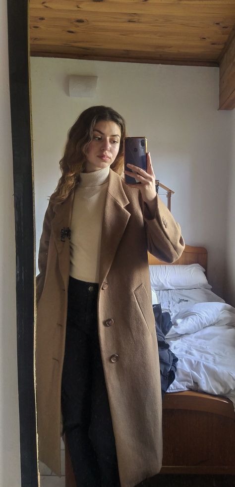 How To Style Beige Overcoat, Coat And Sweater Outfit, Brown Coat Women Outfit, How To Style Long Beige Coat, Tan Coats For Women, Long Beige Coat Outfit Casual, Long Brown Peacoat Outfit, Black And Beige Winter Outfit, Turtle Neck With Long Coat