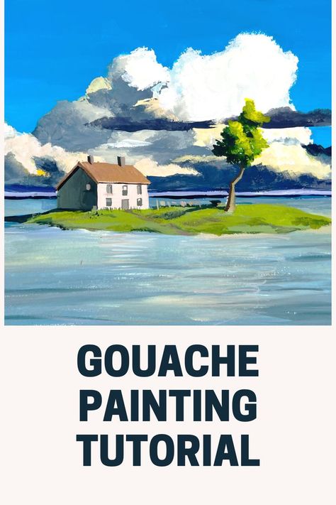 Gouache painting Studio Ghibli free tutorial Ghibli Gouache Painting Tutorial, Himi Gouache Tutorial, Folk Art Watercolor Painting, Gouache Clouds Tutorial, Easy Ghibli Painting, Gouache Art Ideas, Gouache Painting Ideas Inspiration, Gouache Art For Beginners Step By Step, Gouache Step By Step