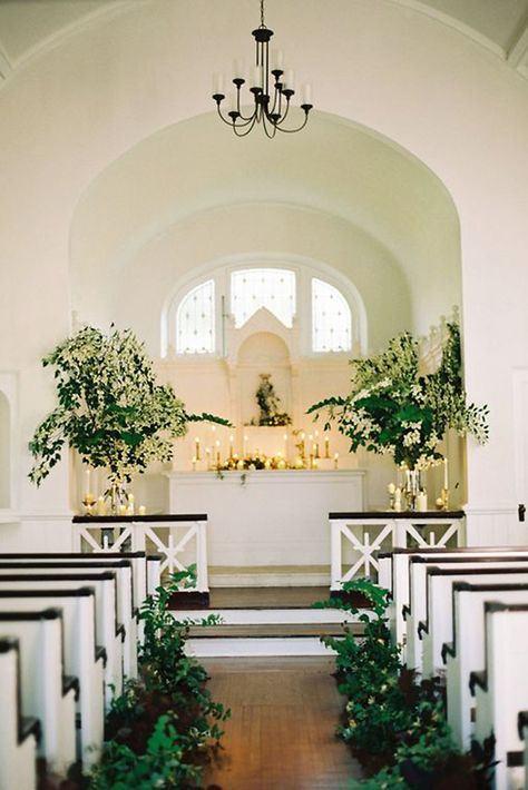 church wedding decorations aisle and altar decorated with greenery and candles sweet southern charm Church Wedding Decorations Aisle, Ceremony Decorations Church, Small Church Weddings, Wedding Ceremony Decorations Church, Church Aisle, Ceremony Arrangement, Wedding Pews, Church Wedding Flowers, Ceremony Candles