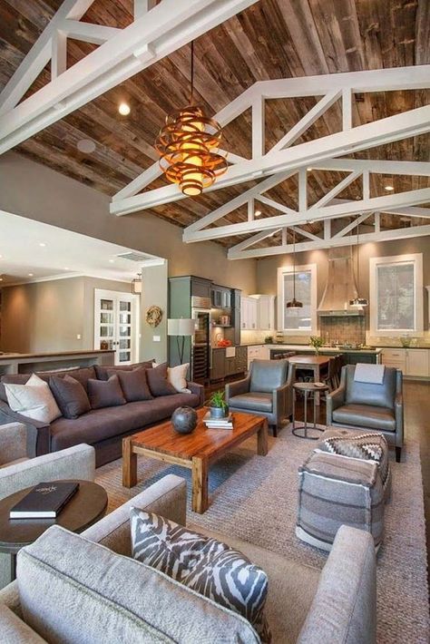 Farmhouse style home with industrial elements in Northern California #farmhouse #industrail #homedesign #designstyle Ranch House Interior Design, Farmhouse Style Living Room Decor, Exposed Trusses, Ranch House Designs, Farmhouse Style Living Room, Wooden Ceiling, Living Room Decor Inspiration, Casas Coloniales, Living Modern