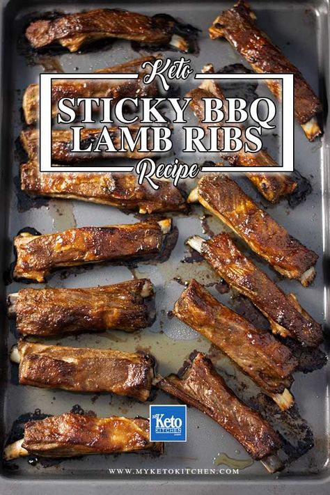 Keto BBQ Lamb Riblets Recipe - Sticky, Saucy & Sugar-Free. Delicious gluten free lamb ribs recipe, smothered in barbecue sauce. It's easy and yummy. Perfect for grilling or roasting for dinner. #ketorecipes Lamb Riblets Recipe, Lamb Ribs Recipe, Riblets Recipe, Low Carb Bbq Sauce, Bbq Lamb, Keto Bbq, Bbq Recipes Ribs, Lamb Ribs, Lamb Dishes