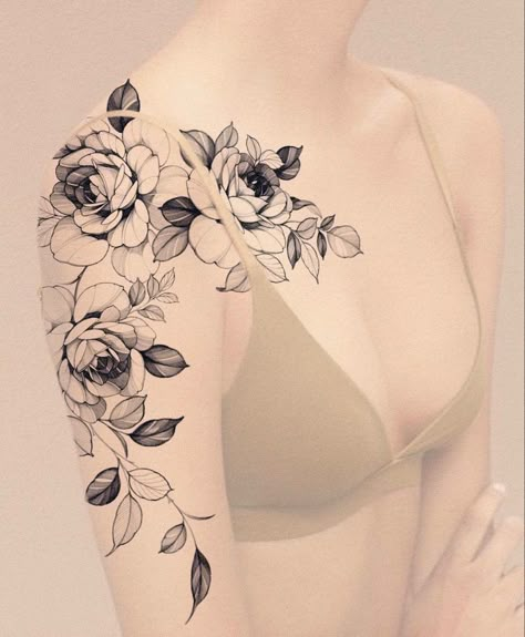 Chest Tattoo Female Upper, Thigh Piece Tattoos, Shoulder Sleeve Tattoos, Tattoo Artist Tattoo, Floral Tattoo Shoulder, Floral Thigh Tattoos, Rose Shoulder Tattoo, Girl Arm Tattoos, Beautiful Flower Tattoos