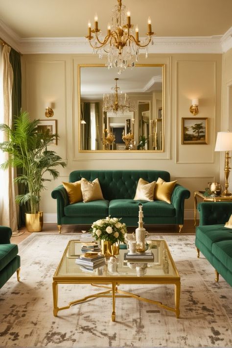 Emerald Sitting Room, Emerald Green And Gold Living Room Ideas, Green And Brass Living Room, Bridgerton Living Room, Living Room Decor White Walls, Gold And Green Living Room, Tan And Green Living Room, Hunter Green Living Room, Green Gold Living Room