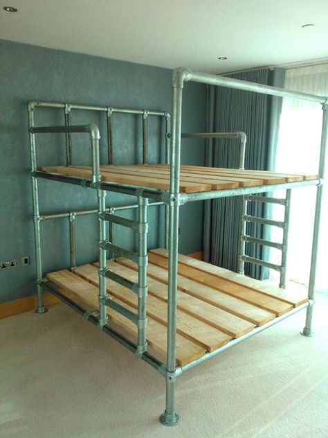 Pipe Bed Frame, Pipe Bed, Bunk Bed Ideas, Industrial Pipe Furniture, Bunk Bed Plans, Hostel Room, Diy Bunk Bed, Bunk Bed Designs, Metal Bunk Beds