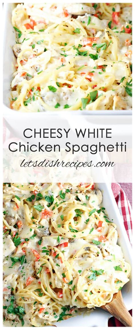 Cheesy White Chicken Spaghetti Recipe: Baked spaghetti in a cheesy, creamy sauce with peppers, mushroom and chunks of tender chicken. A family favorite! #pasta #spaghetti #chicken #dinner #recipes Chicken Spaghetti With Vegetables, White Chicken Spaghetti Recipe, Spaghetti With White Sauce Recipe, White Sauce Spaghetti Recipes, White Spaghetti Recipe, White Chicken Spaghetti, Pasta Rasta, Spaghetti Dishes, Spaghetti Chicken