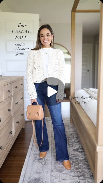 Brooke Anderson on Instagram: "Four casual fall outfits with bootcut jeans! 

As always these are all petite-friendly and shown unaltered on me at 4’10”! 

Sharing the links to shop and sizing details in my bio. Links will take you to: 

- My LTK profile. You can follow me on the app under pumpsandpushups to shop all of my outfits 
- My blog at pumpsandpushups.com. I write up a blog post for every Reel (some exceptions) you see with links, sizing descriptions and more in depth reviews of the items. 

#petitestyle #petitefashion" Cute Outfits With Bootcut Jeans, Bootcut Jeans Outfit Fall, Outfits With Bootcut Jeans, Bootcut Jeans Outfit, Casual Fall Outfits, Petite Fashion, Casual Fall, Bootcut Jeans, My Blog