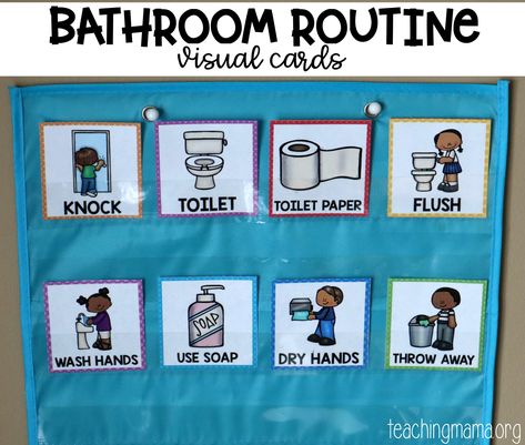 Teach children how to use the bathroom with these bathroom visual routine cards. These visual cards will show the steps for properly using the restroom. Potty Training Visuals, Visual Routine, Classroom Bathroom, Teaching Mama, Bathroom Routine, Routine Cards, Visual Schedules, Step Stools, Classroom Routines