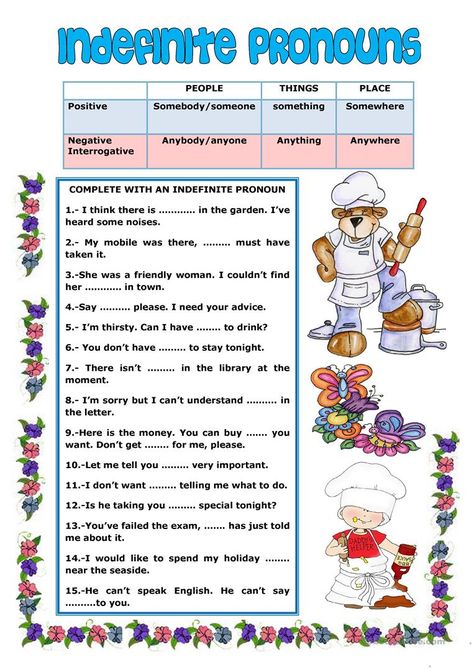 INDEFINITE PRONOUNS-2 - English ESL Worksheets for distance learning and physical classrooms Pronouns Worksheet Grade 6, Flyers Worksheets, Grammar Display, Indefinite Pronouns Worksheets, English Charts, Pronouns Exercises, English Printables, Nouns And Verbs Worksheets, English Pronouns