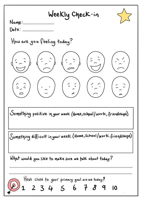 This check in sheet can be used at the start of therapy or regular check ins in schools. Can also be used as a personal reflection sheet Counseling Check In Sheet, Check In Therapy Activities, Therapy Check In For Kids, Midweek Check In, Counseling Check In, Emotion Check In, Mood Check In, Daily Check In, Therapy Check In