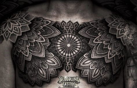 Bloodline Tattoo, Mandala Chest Tattoo, Geometric Chest, Geometric Tattoo Sleeve Designs, Full Chest Tattoos, Husband Tattoo, Geometric Mandala Tattoo, Mandala Tattoos, Dibujos Tattoo