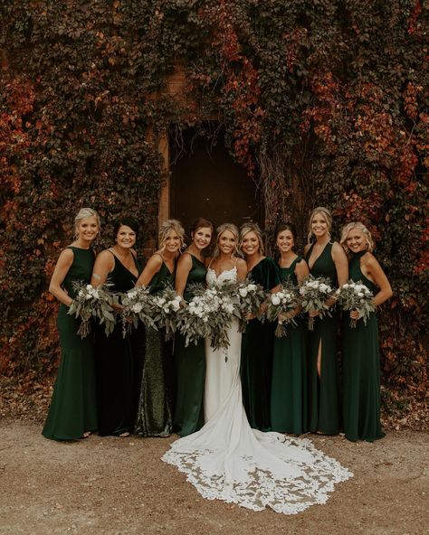 Emerald Green Wedding Theme, Mismatched Dresses, Forest Green Wedding, Winter Wedding Bridesmaids, Dark Green Wedding, Dark Green Bridesmaid Dress, Forest Theme Wedding, Fall Bridesmaids, Fall Bridesmaid Dresses