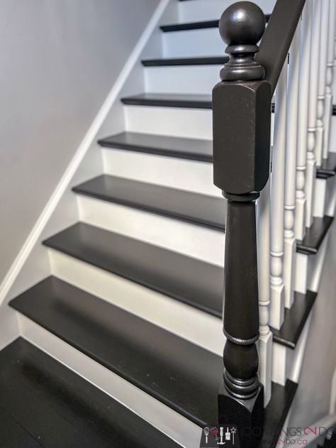 Wood Stairs Remodel, Black Painted Staircases, All Black Staircase With Runner, How To Paint Stairs Black, Paint Wood Stairs, Paint For Stairs Staircases, Painting Indoor Stairs, Stair Refinishing Ideas, Painting Steps Ideas Staircases