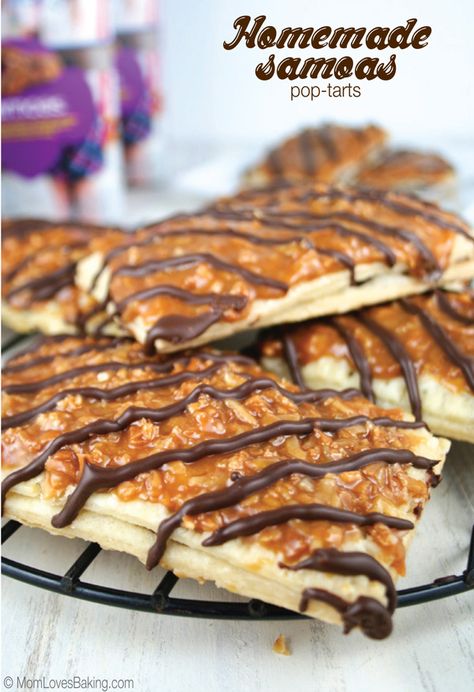 A Girl Scout cookie inspired "Breakfast." Flaky crust filled with chocolate ganache, covered with toasted coconut and caramel spread, topped with drizzled chocolate. Homemade Samoas, Poptart Recipe, Caramel Delights, Pop Tart, Breakfast Sweets, Flaky Crust, Homemade Snacks, Tart Recipes, Toasted Coconut