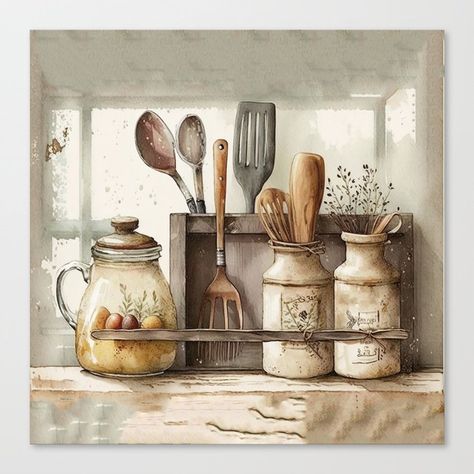 Shop Vintage Kitchen stretched canvas on Society6! Cute Kitchen Decor, Kitchen Wall Art Printables, Indoor Crafts, Kitchen Canvas, Cooking Utensil, Home Decor Idea, Metal Light Switch, Kitchen Posters, Outlet Cover