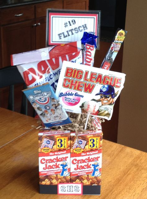 High School Senior Baseball Gifts Baseball Gift Basket, Baseball Centerpiece, Softball Party, Big League Chew, Baseball Coach Gifts, Baseball Crafts, Baseball Theme Party, Senior Night Gifts, High School Baseball