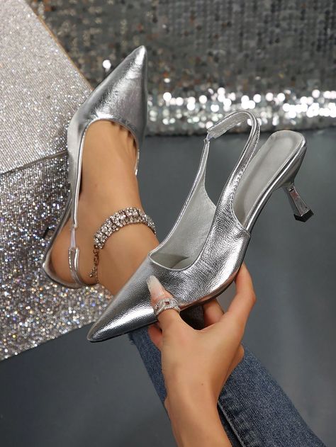 Silver Punk Collar   Plain Slingbacks Embellished   Women Shoes Prom Shoes Silver, Stiletto Heels Sandals, Prom Shoes, Slingbacks, Heels Sandals, Sandals For Women, Women's Pumps, Stiletto Heels, Ankle Strap