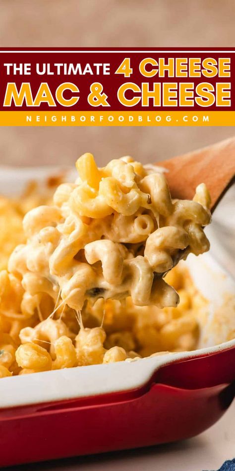 This 4 Cheese Mac and Cheese uses a rich homemade cream sauce packed with four cheeses for maximum flavor and creaminess! We bake it all under a blanket of MORE shredded cheese for the ultimate mac and cheese recipe. 4cheese Mac And Cheese, Burnt Ends Mac And Cheese, Mac N Cheese With Cream Cheese, Mac And Cheese With Cream Cheese, 3 Cheese Mac And Cheese Recipe, 5 Cheese Mac And Cheese Recipe, Adult Mac And Cheese, 4 Cheese Mac And Cheese, Bbq Mac And Cheese Recipe