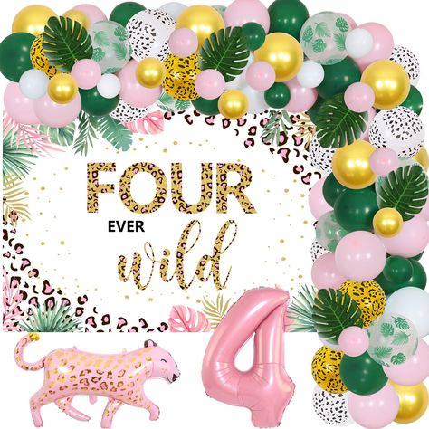 4 Ever Wild Birthday Party, 4 Th Birthday Ideas Girl, 4 Year Birthday Party Ideas Girl, Jungle Balloon Arch, Wild Birthday Decorations, 4th Birthday Party For Girls Theme, 4th Birthday Theme, Four Ever Wild Birthday, Number 4 Balloon