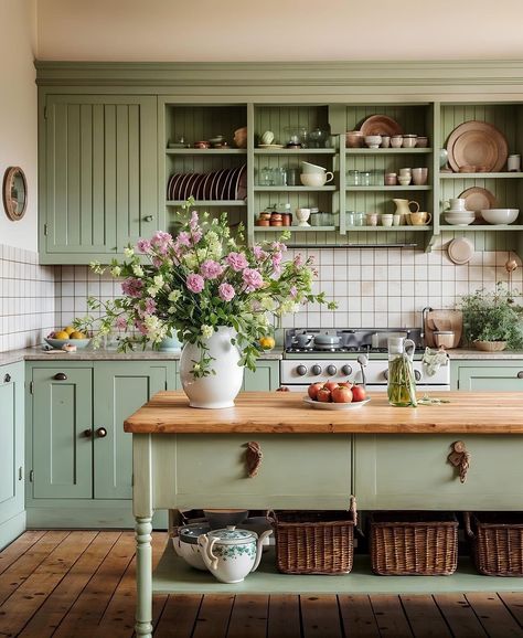 Cottage Core Kitchen Inspiration, Green Country Kitchen, Green Farmhouse, Green Kitchen Designs, Sage Green Kitchen, Green Kitchen Cabinets, Victorian Kitchen, Eclectic Kitchen, Cottage Kitchens