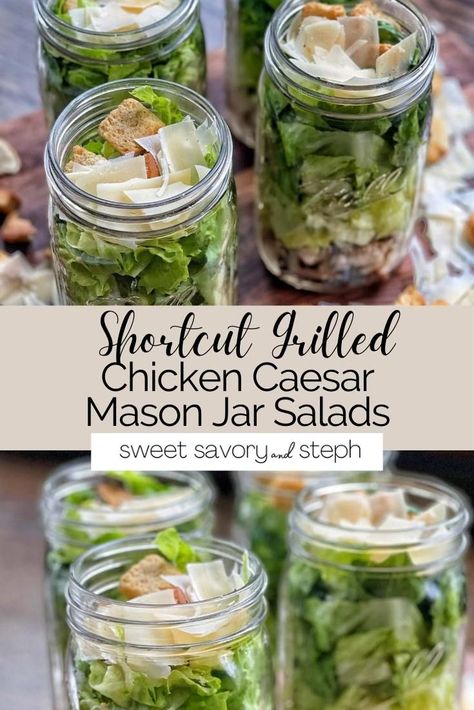 Cheeseburger Mason Jar Salad, Chicken Mason Jar Meals, Mason Jar Ceaser Salad, Meal Prep With Mason Jars, Chicken Caesar Salad Meal Prep, Cesar Salad In A Jar, Salad In A Mason Jar For A Week, Lunch In A Jar Recipes, Cesar Salad Mason Jar