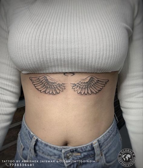 Wings Rib Tattoo, Wings On Stomach Tattoo, Angle Wing Tattoos, Antique Tattoo, Belly Tattoo, Underboob Tattoo, Angel Wings Tattoo, Identity Crisis, Wing Tattoo