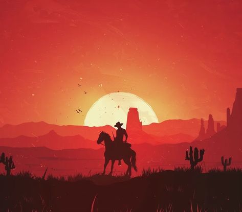 This is a digital painting of a cowboy on a horse, riding into the sunset. The sky, ground, and mountains are all various shades of red ->> more details in ai-img-gen.com Cowboy Sunset Silhouette, Western Mural, Sunset Cowboy, Cowboy Scene, Cowboy On A Horse, Riding Into The Sunset, Cowboy Sunset, Cowboy Painting, Cowboy On Horse