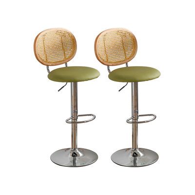 Revamp your bar or dining area with our contemporary bar stool, a stylish fusion of rattan, solid wood, and iron. This stool boasts a 360-degree swivel and adjustable height, offering a comfortable and versatile seating solution. Its sleek, rounded design and high-quality materials ensure both aesthetic appeal and practicality, making it a must-have for any modern setting. Orren Ellis Upholstery: Green | Orren Ellis Alvester Stool 17.72 W x 16.14 D in green / brownUpholstered / Metal | 17.72" W Bar Stool Ideas, Contemporary Bar Stool, Contemporary Bar Stools, Contemporary Bar, White Minimalist, Kitchen Bar Stools, Round Design, Kitchen Dining Furniture, Orren Ellis