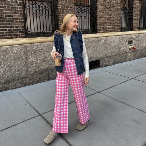 will be in this vest all season long @sezane #sezanelovers 💐 outfit: https://liketk.it/4ASfy 🏷️ outfit ideas, outfit inspo, outfit inspiration, spring outfit ideas, gingham pants, plaid pants, denim vest, spring style, spring outfit, spring colors, colorful outfit, colorful style, pink outfit, Pinterest girl, Pinterest aesthetic Pink Gingham Pants Outfit, Spring High Waist Gingham Pants, Pink Gingham Outfit, Pink Checkered Pants, Gingham Pants Outfit, Gingham Ankle-length Spring Pants, Slim Pants Outfit, Gingham Pants, Colorful Outfit