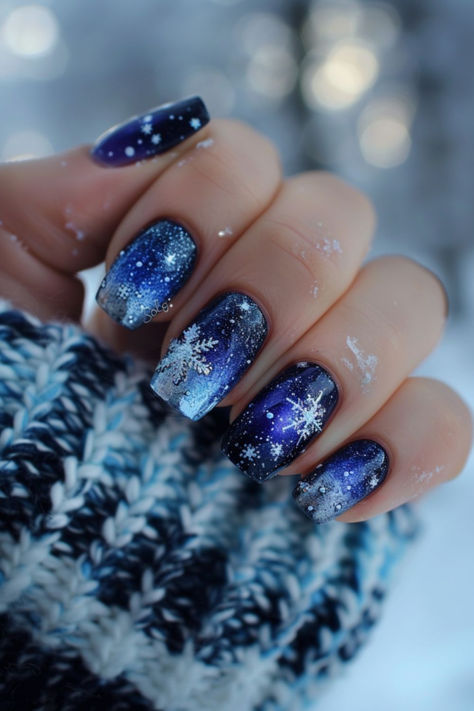 Winter Solstice: Nail Art For Winter Winter Solstice Nails Art Designs, Sky Nails Design, Blue Winter Nail Ideas, Wintry Nails, Northern Lights Nails, Nail Art For Winter, Night Sky Nails, Sliver Nails, Purple And Silver Nails