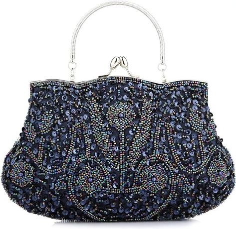 Vistatroy Floral Designer Evening Bag Beaded Sequin Design Vintage Kissing Lock Satin Clutch Purse Bag Wedding Party Clutch (Blue): Handbags: Amazon.com Sequin Flower, Formal Clothing, Large Clutch, Beaded Evening Bags, Party Clutch, Sequin Design, Clutch Purse Evening, Floral Designer, Evening Handbag