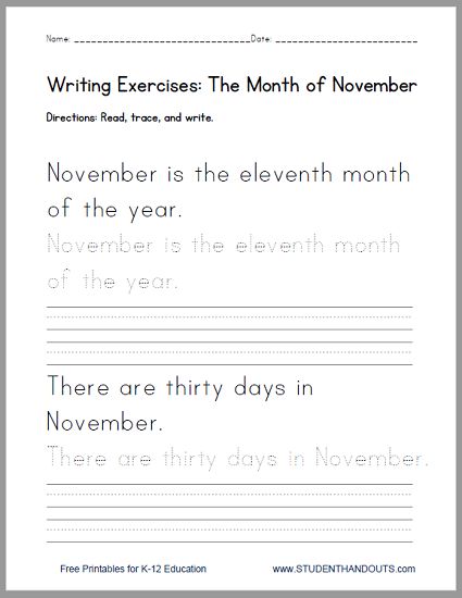 November Handwriting Practice Worksheet - Free to print (PDF file). Handwriting Practice Sentences, Spelling Practice Worksheets, February Writing, January Writing, Penmanship Practice, Learn Handwriting, Writing Practice Sheets, Cursive Practice, Cursive Writing Worksheets