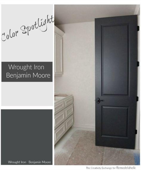 Color Spotlight: Benjamin Moore Pale Oak walls. Wrought Iron possible door accent Benjamin Moore Wrought Iron, Color Spotlight, Wrought Iron Paint, Fixer Upper House, Black Paint Color, Black Interior Doors, Interior Minimalista, Dark Interiors, Interior Paint Colors