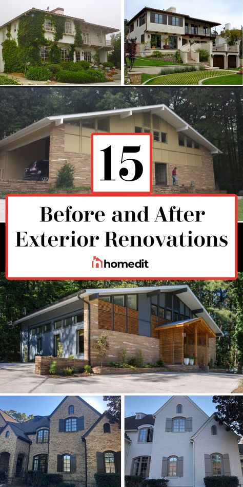 Draw inspiration from these 15 examples of before and after exterior home renovations. House Before And After Exterior Modern, House Refacing Exterior, 1980 Home Remodel Before After Exterior, House Exterior Remodel Before And After, Rendered House Exterior Before And After, Change Roof Line Before And After, Before And After Front Of House, Home Facade Makeover, 1980s Home Remodel Exterior