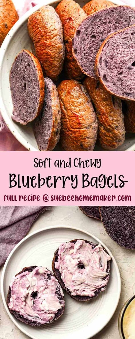 Try something new for breakfast with our Soft and Chewy Blueberry Bagels made from six simple ingredients! Use fresh or frozen blueberries and enjoy these thick and chewy bagels for days. You can even freeze them for later! Frozen Blueberry Recipes, Blueberry Bagels, Lemon Pancakes, Blueberry Bagel, Bagel Bread, Sourdough Bagels, Breakfast Routine, Blueberry Cream Cheese, Bagel Recipe